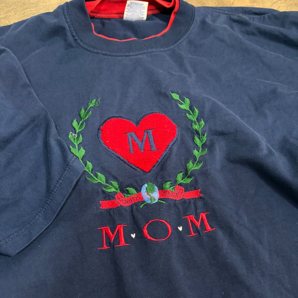 Jerzees T-Shirt Womens 2XL Navy Blue Vintage Mom Heart Embroidery Made in USA